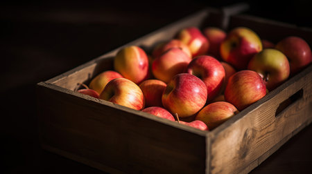 A wooden box full of fresh apples sits on a table, surrounded by autumn leaves and a rustic background. This image captures the essence of fall and the bountiful apple harvest.の素材