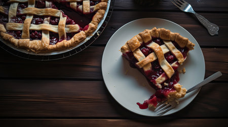 A close-up view of a slice of homemade cherry pie on a plate with the whole pie in the background. The flaky crust is filled with juicy red cherries. Perfect for a summertime dessert.の素材