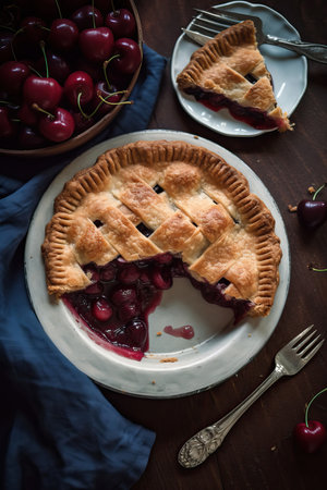 A close-up view of a slice of homemade cherry pie on a plate with the whole pie in the background. The flaky crust is filled with juicy red cherries. Perfect for a summertime dessert.の素材