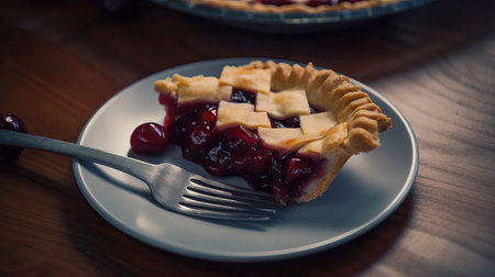 A close-up view of a slice of homemade cherry pie on a plate with the whole pie in the background. The flaky crust is filled with juicy red cherries. Perfect for a summertime dessert.の素材