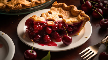 A close-up view of a slice of homemade cherry pie on a plate with the whole pie in the background. The flaky crust is filled with juicy red cherries. Perfect for a summertime dessert.の素材