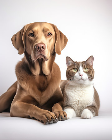 A charming image of a dog and cat relaxing together on a clean, white background. The two pets are seen snuggling up against each other, displaying a heartwarming bond. This image is perfect for pet lovers, pet care products, and animal-themed designs.の素材