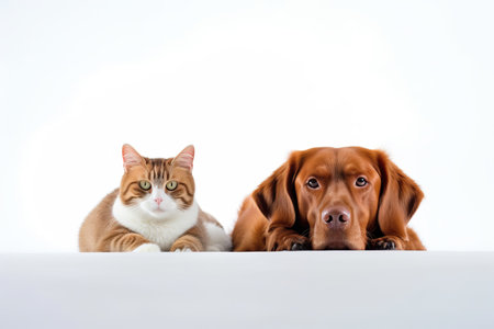 A charming image of a dog and cat relaxing together on a clean, white background. The two pets are seen snuggling up against each other, displaying a heartwarming bond. This image is perfect for pet lovers, pet care products, and animal-themed designs.の素材