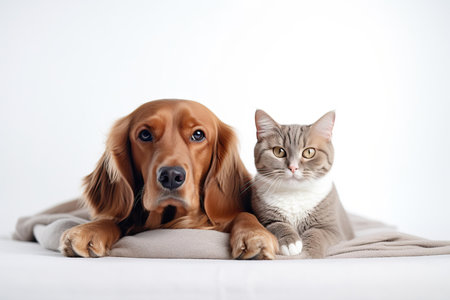 A charming image of a dog and cat relaxing together on a clean, white background. The two pets are seen snuggling up against each other, displaying a heartwarming bond. This image is perfect for pet lovers, pet care products, and animal-themed designs.の素材