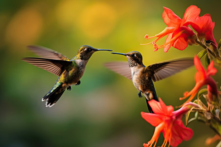 Two Fiery-throated Hummingbirds flying next to a beautiful pink bloom flower in Savegre. A colorful and vibrant sight in nature.の素材