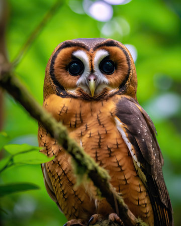 A beautiful brown wood owl (Strix leptogrammica) captured in its natural forest habitat in Malaysia. This rare bird from Asia is known for its unique features and striking appearance.の素材