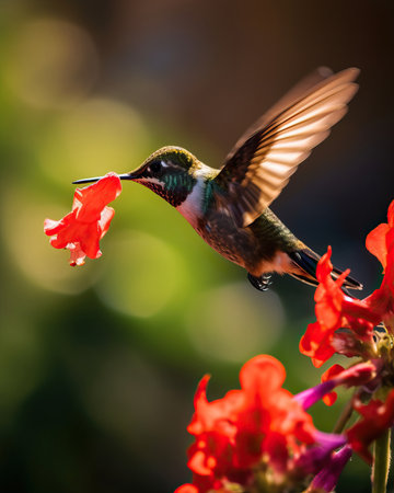 Close-up view of a tiny hummingbird with iridescent feathers feeding on the nectar of a bright pink flower.の素材
