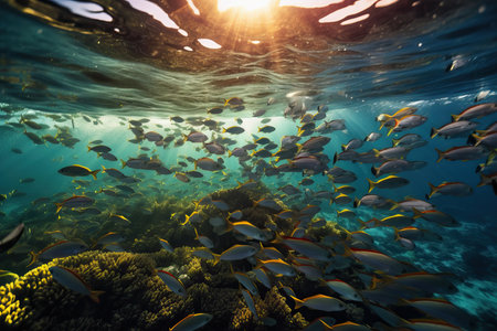 A large school of fish swimming in circles in the ocean with rays of sunlight streaming through the water, creating a mesmerizing effect. Perfect for nature or ocean-themed projects.の素材