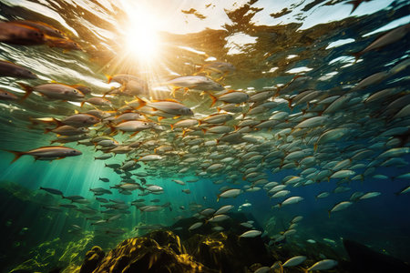 A large school of fish swimming in circles in the ocean with rays of sunlight streaming through the water, creating a mesmerizing effect. Perfect for nature or ocean-themed projects.の素材