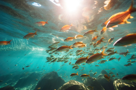 A large school of fish swimming in circles in the ocean with rays of sunlight streaming through the water, creating a mesmerizing effect. Perfect for nature or ocean-themed projects.の素材