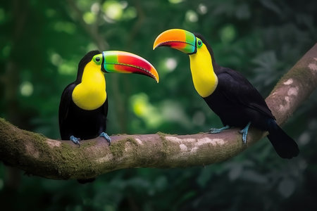 A pair of colorful Keel-billed Toucans, Ramphastos sulfuratus, with their large bills, sitting on a branch in the lush green forest of Costa Rica. This image captures the beauty of wildlife and nature travel in Central America.の素材