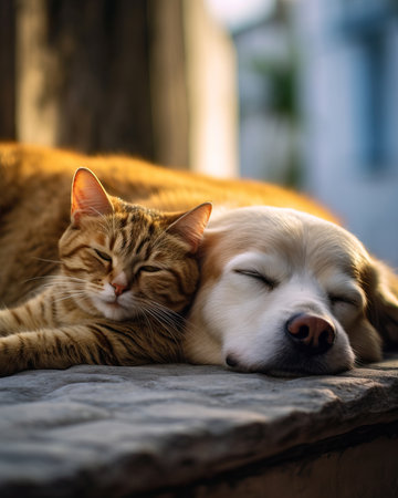 A cute cat taking a nap while leaning on a dog. The two animals appear to be relaxed and comfortable in each other's company.の素材
