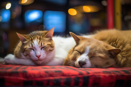 A cute cat taking a nap while leaning on a dog. The two animals appear to be relaxed and comfortable in each other's company.の素材