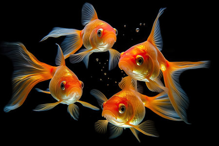 A group of three beautiful goldfish swimming in an aquarium, facing forward towards the camera. The image captures the vibrant colors and details of the fish, as well as the bubbles and plants in the background. Perfect for use in pet-related or aquatic themesの素材