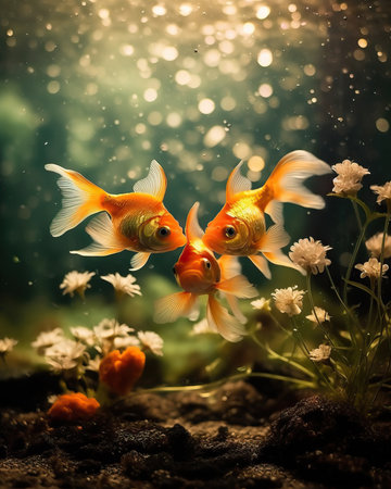 A group of three beautiful goldfish swimming in an aquarium, facing forward towards the camera. The image captures the vibrant colors and details of the fish, as well as the bubbles and plants in the background. Perfect for use in pet-related or aquatic themesの素材