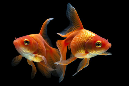 A group of three beautiful goldfish swimming in an aquarium, facing forward towards the camera. The image captures the vibrant colors and details of the fish, as well as the bubbles and plants in the background. Perfect for use in pet-related or aquatic themesの素材