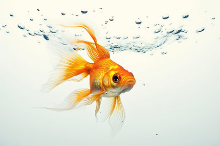 A beautiful and colorful goldfish swimming in a tank, isolated on a white background. This charming little fish is perfect for adding a touch of color and serenity to any design project.の素材