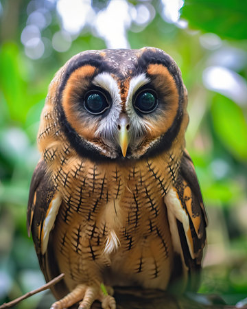 A beautiful brown wood owl (Strix leptogrammica) captured in its natural forest habitat in Malaysia. This rare bird from Asia is known for its unique features and striking appearance.の素材