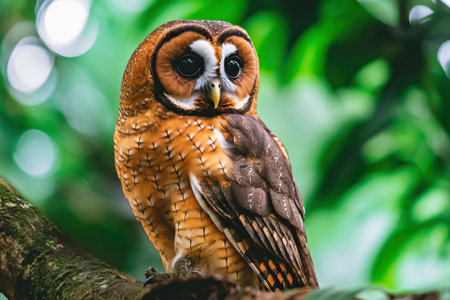 A beautiful brown wood owl (Strix leptogrammica) captured in its natural forest habitat in Malaysia. This rare bird from Asia is known for its unique features and striking appearance.の素材
