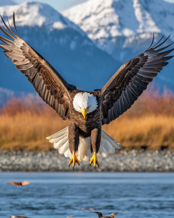 Majestic bald eagle spreads its wings as it prepares to land near Homer, Alaska on the Kenai Peninsula. This impressive bird of prey is a symbol of American freedom and power, and is a common sight in the wilds of Alaska.の素材
