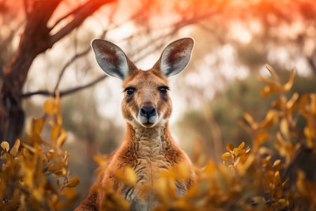A beautiful image of a red kangaroo in the Australian outback jumping with its powerful hind legs. This iconic marsupial is well adapted to the harsh environment of the Australian desert. The image captures the strength and agility of this magnificent animal.の素材