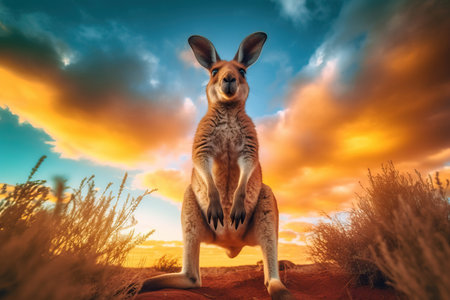 A beautiful image of a red kangaroo in the Australian outback jumping with its powerful hind legs. This iconic marsupial is well adapted to the harsh environment of the Australian desert. The image captures the strength and agility of this magnificent animal.の素材