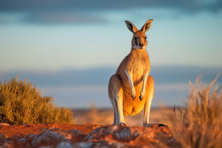 A beautiful image of a red kangaroo in the Australian outback jumping with its powerful hind legs. This iconic marsupial is well adapted to the harsh environment of the Australian desert. The image captures the strength and agility of this magnificent animal.の素材