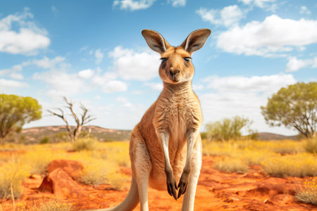 A beautiful image of a red kangaroo in the Australian outback jumping with its powerful hind legs. This iconic marsupial is well adapted to the harsh environment of the Australian desert. The image captures the strength and agility of this magnificent animal.の素材