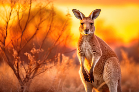 A beautiful image of a red kangaroo in the Australian outback jumping with its powerful hind legs. This iconic marsupial is well adapted to the harsh environment of the Australian desert. The image captures the strength and agility of this magnificent animal.の素材