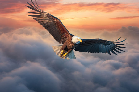 A majestic bald eagle soaring high in the sky above the clouds during a beautiful sunset. The eagle's sharp beak and piercing eyes are visible as it flies gracefully through the colorful sky.の素材