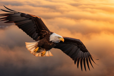 A majestic bald eagle soaring high in the sky above the clouds during a beautiful sunset. The eagle's sharp beak and piercing eyes are visible as it flies gracefully through the colorful sky.の素材