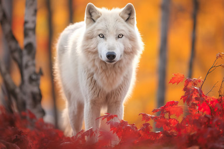 Close-up portrait of an Arctic wolf (Canis lupus arctos) staring directly into the camera, with a blurred snowy background. The Arctic wolf is a subspecies of the gray wolf, adapted to living in the extreme conditions of the Arctic tundra.の素材