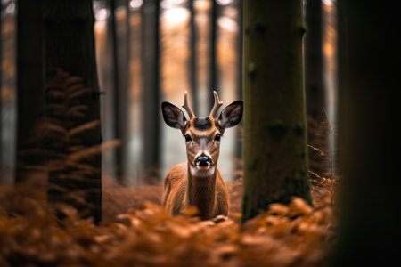 A beautiful deer stands in the lush forest, looking directly at the camera with a curious expression. The dappled sunlight filters through the trees, creating a serene and peaceful atmosphere. This wildlife image captures the essence of nature and the beauty of wild animals in their natural habitat.の素材