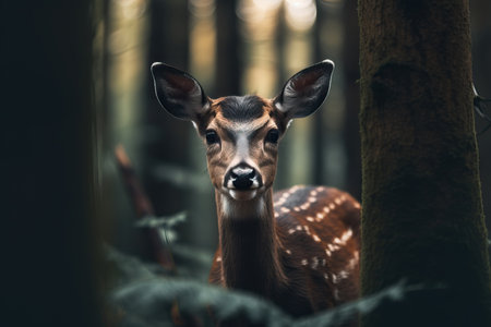 A beautiful deer stands in the lush forest, looking directly at the camera with a curious expression. The dappled sunlight filters through the trees, creating a serene and peaceful atmosphere. This wildlife image captures the essence of nature and the beauty of wild animals in their natural habitat.の素材