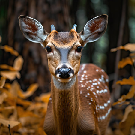 A beautiful deer stands in the lush forest, looking directly at the camera with a curious expression. The dappled sunlight filters through the trees, creating a serene and peaceful atmosphere. This wildlife image captures the essence of nature and the beauty of wild animals in their natural habitat.の素材