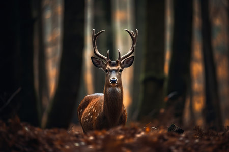 A beautiful deer stands in the lush forest, looking directly at the camera with a curious expression. The dappled sunlight filters through the trees, creating a serene and peaceful atmosphere. This wildlife image captures the essence of nature and the beauty of wild animals in their natural habitat.の素材