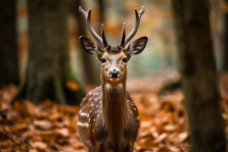 A beautiful deer stands in the lush forest, looking directly at the camera with a curious expression. The dappled sunlight filters through the trees, creating a serene and peaceful atmosphere. This wildlife image captures the essence of nature and the beauty of wild animals in their natural habitat.の素材