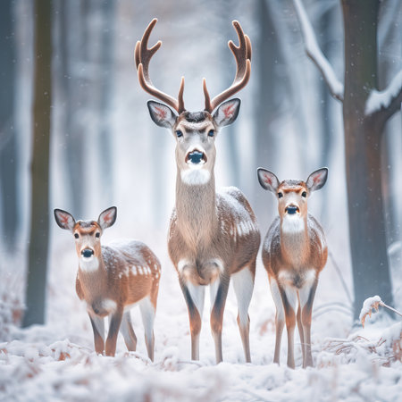A beautiful and majestic deer family standing in a winter wonderland snow forest. The peaceful and serene scene is perfect for Christmas and winter-themed designs.の素材