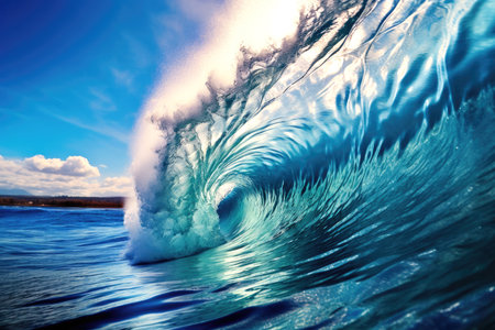 This stunning image captures a powerful blue ocean wave as it crashes against the shore, set against a backdrop of a clear blue sky. The wave's texture and the surrounding seafoam create a dynamic visual contrast, while the vivid blue hues create a serene and peaceful atmosphere.の素材