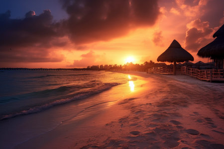 This stunning image captures a beautiful sunrise over the beaches of Cancun, Mexico. The vibrant colors of the sky are reflected in the crystal clear waters of the ocean, creating a breathtaking scene. Perfect for travel or nature-themed projects.の素材