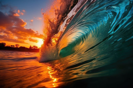 A colorful and vibrant ocean wave in the shape of a barrel, perfect for surfing. The sunset sky in the background adds to the beauty of the scene.の素材
