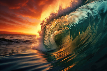 A colorful and vibrant ocean wave in the shape of a barrel, perfect for surfing. The sunset sky in the background adds to the beauty of the scene.の素材