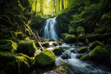 Experience the beauty of nature with this stunning image of a freshwater waterfall surrounded by lush greenery. The crystal-clear water cascades down the rocks, creating a soothing sound and a peaceful atmosphere. Perfect for any nature lover or travel enthusiastの素材