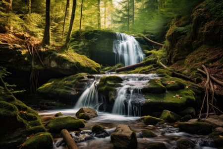Experience the beauty of nature with this stunning image of a freshwater waterfall surrounded by lush greenery. The crystal-clear water cascades down the rocks, creating a soothing sound and a peaceful atmosphere. Perfect for any nature lover or travel enthusiastの素材