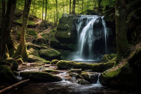Experience the beauty of nature with this stunning image of a freshwater waterfall surrounded by lush greenery. The crystal-clear water cascades down the rocks, creating a soothing sound and a peaceful atmosphere. Perfect for any nature lover or travel enthusiastの素材