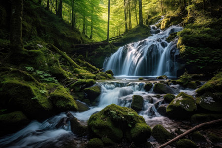 Experience the beauty of nature with this stunning image of a freshwater waterfall surrounded by lush greenery. The crystal-clear water cascades down the rocks, creating a soothing sound and a peaceful atmosphere. Perfect for any nature lover or travel enthusiastの素材