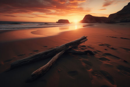 A stunning view of Adraga Beach, located in Portugal, photographed during a colorful sunset. The golden sunlight illuminates the beach, creating a warm and inviting atmosphere. The waves crash against the shore, creating a relaxing sound. The sky is painted with shades of pink, purple, and orange, providing a breathtaking backdrop for this beautiful scene.の素材