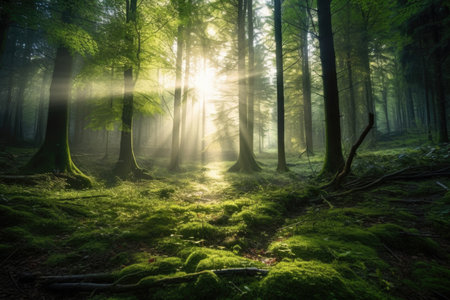 A beautiful nature scene in the morning mist of a spring green forest with sun rays shining through the trees.の素材