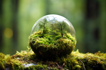 This image depicts a small globe resting on a bed of green moss, surrounded by trees and foliage. The image represents the idea of preserving the environment and the importance of maintaining a healthy planet for future generations.の素材