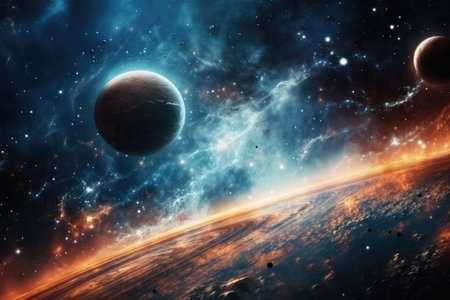 A stunning view of the beauty of deep space, featuring planets and galaxies in the universe. This cosmic art background is perfect for science fiction enthusiasts and those interested in astronomy.の素材